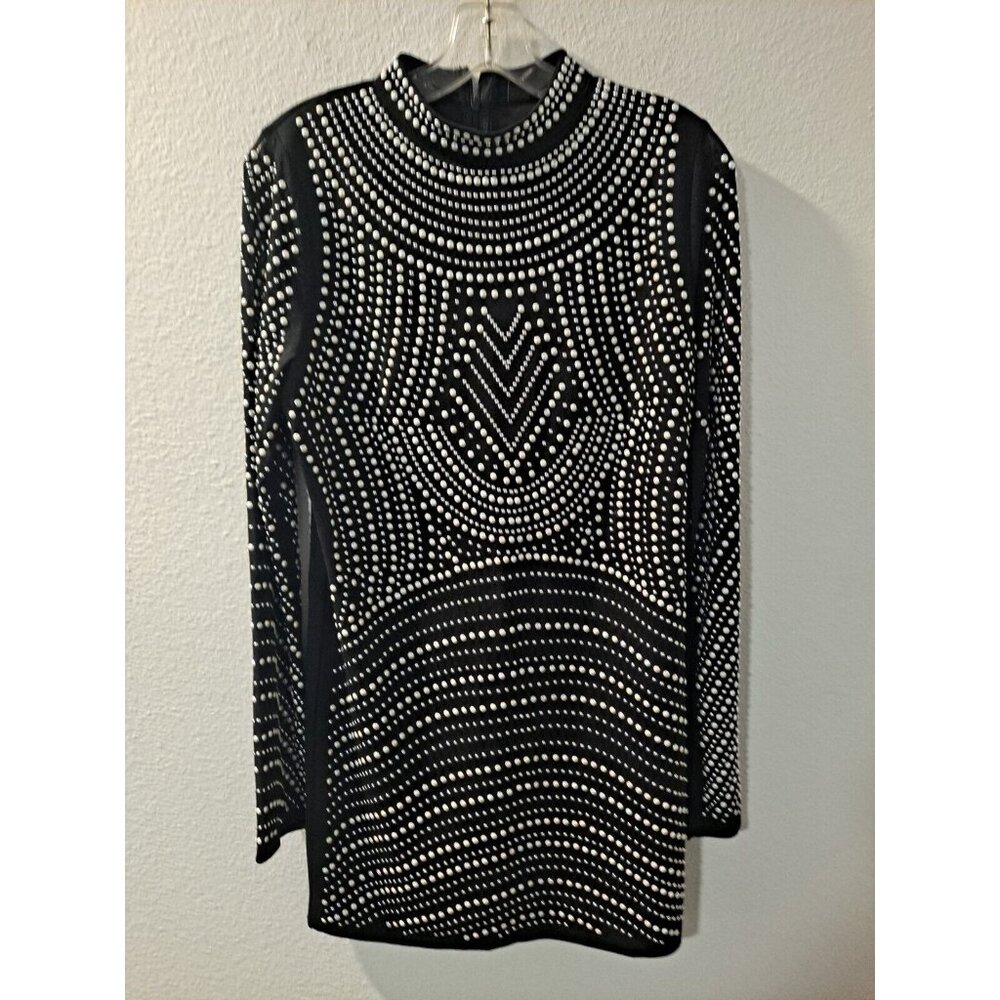 Windsor Sequin Embellished Pearl Long Sleeve Black Bodycon Mini Dress, Large